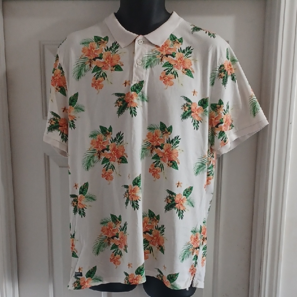 Threadbare Floral Print Polo Shirt - White, Green and Orange - Picture 4 of 8